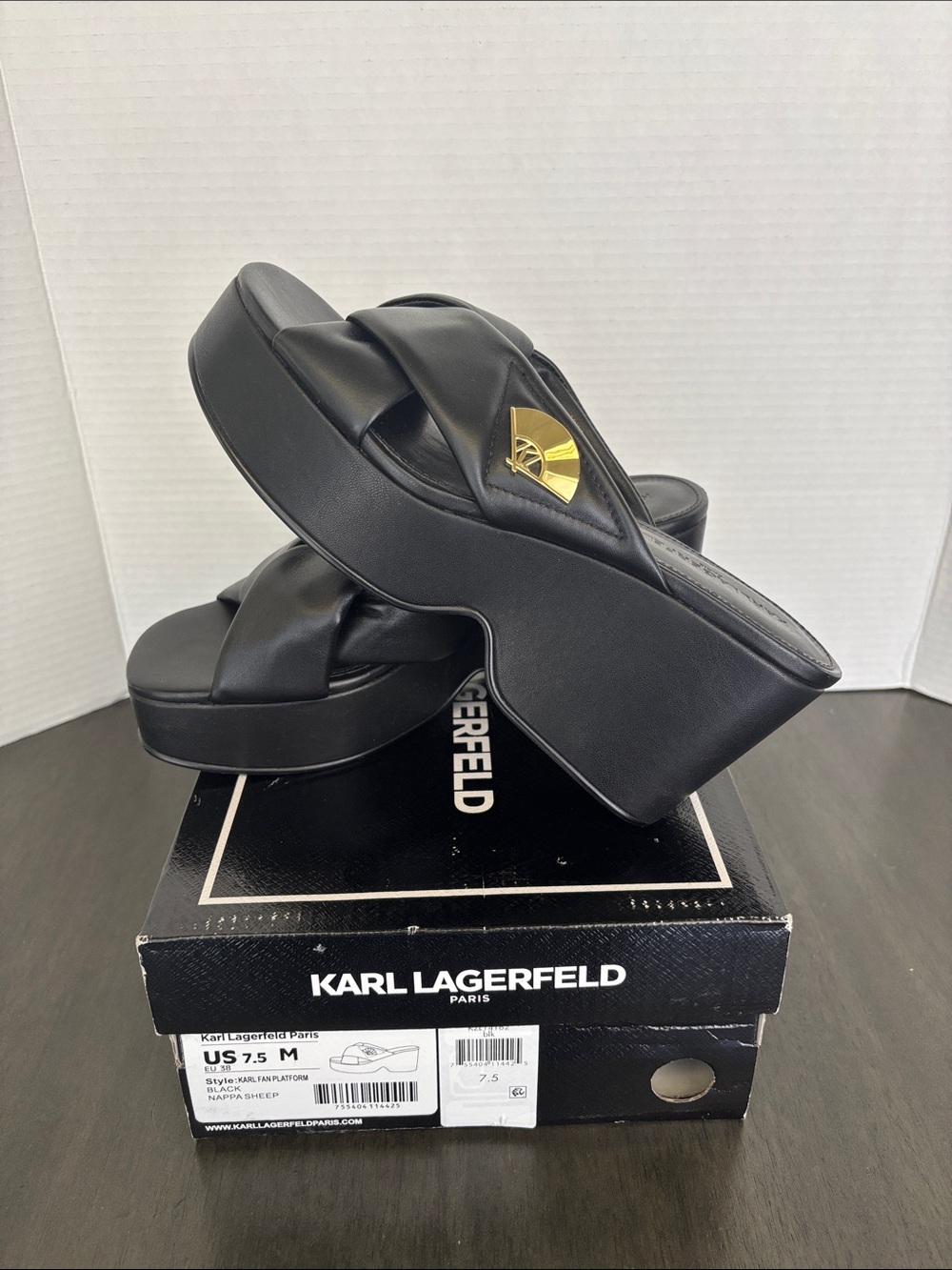 Karl Lagerfeld Paris,Black Karl Fan Platform wedge size 7.5.